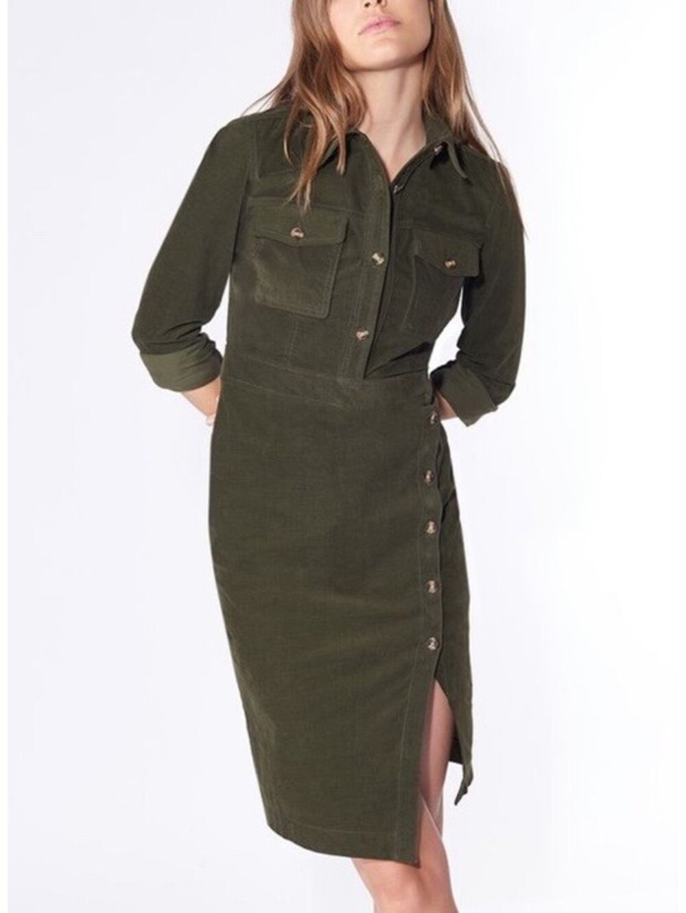 Veronica Beard Britton Collared Shirt Dress In Dark Green Corduroy Size 4 $495